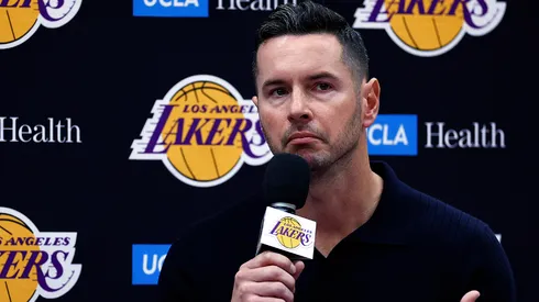 Head coach JJ Redick of the Los Angeles Lakers speaks with the media during a press conference at UCLA Health Training Center on September 25, 2024 in El Segundo, California.