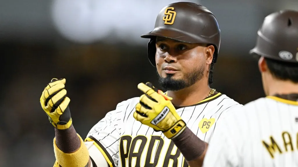 Luis Arraez #4 of the San Diego Padres gestures after hitting a single during the fifth inning of a baseball game against the Houston Astros. (Photo by Denis Poroy/Getty Images)