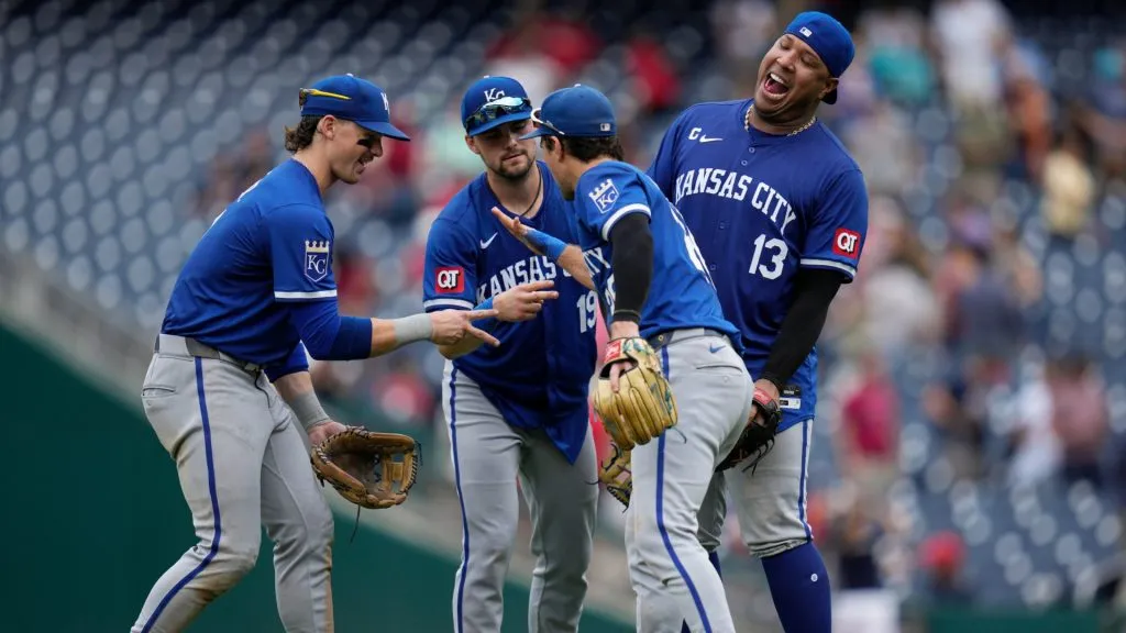 Bobby Witt Jr. #7, Michael Massey #19, Adam Frazier #26, and Salvador Perez #13 of the Kansas City Royals celebrate after the team wins against the Washington Nationals at Nationals Park on September 26, 2024 in Washington, DC. (Photo by Jess Rapfogel/Getty Images)