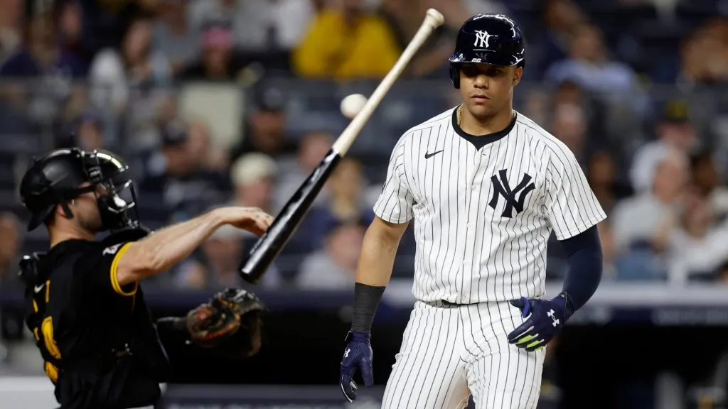 Juan Soto #22 of the New York Yankees reacts after striking out during the seventh inning as Joey Bart #14 of the Pittsburgh Pirates returns the ball to the pitcher at Yankee Stadium on September 27, 2024 in New York City. (Photo by Jim McIsaac/Getty Images)
