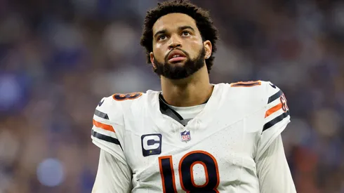 Quarterback Caleb Williams #18 of the Chicago Bears looks on against the Indianapolis Colts during the second half of the game at Lucas Oil Stadium on September 22, 2024 in Indianapolis, Indiana.