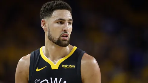 Klay Thompson #11 of the Golden State Warriors reacts against the Toronto Raptors in the first half during Game Six of the 2019 NBA Finals