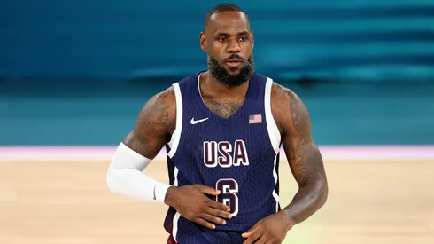 LeBron James #6 of Team United States looks on during the Men's Gold Medal game between Team France and Team United States