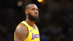 LeBron James #23 of the Los Angeles Lakers looks towards the crowd during a timeout against the Denver Nuggets