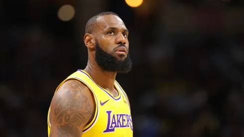 LeBron James #23 of the Los Angeles Lakers looks towards the crowd during a timeout against the Denver Nuggets