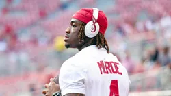 Jalen Milroe #4 of the Alabama Crimson Tide warms up prior to kickoff against the South Florida Bulls at Bryant-Denny Stadium on September 7, 2024 in Tuscaloosa, Alabama.