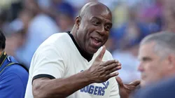 Magic Johnson attends a pre-game ceremony before Game One of the Division Series between the Arizona Diamondbacks and the Los Angeles Dodgers at Dodger Stadium on October 07, 2023 in Los Angeles, California.
