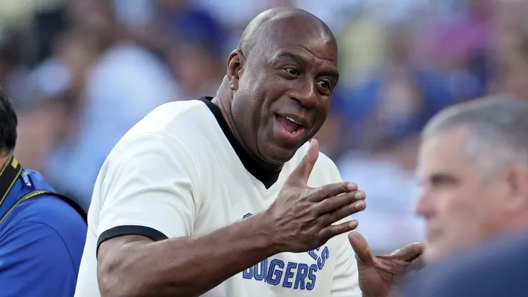 Magic Johnson attends a pre-game ceremony before Game One of the Division Series between the Arizona Diamondbacks and the Los Angeles Dodgers at Dodger Stadium on October 07, 2023 in Los Angeles, California.