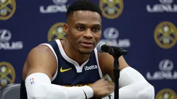 Russell Westbrook #4 of the Denver Nuggets fields questions during Denver Nuggets Media Day