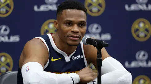 Russell Westbrook #4 of the Denver Nuggets fields questions during Denver Nuggets Media Day