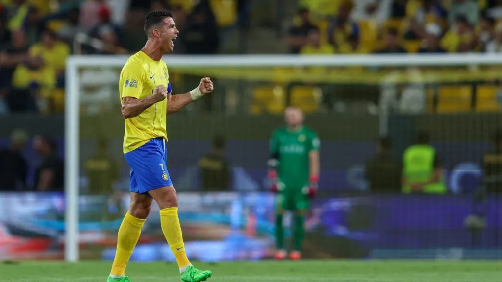 Cristiano Ronaldo of Al Nassr celebrates after scoring the 2nd goal during the Saudi Pro League match between Al-Nassr and Al Wehda at Al Awwal Park on May 4, 2024 in Riyadh, Saudi Arabia.