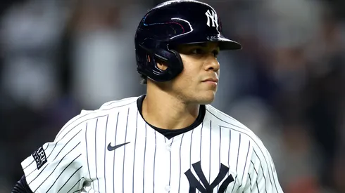 Juan Soto #22 of the New York Yankees reacts after a two-run home run against the Baltimore Orioles during the fifth inning at Yankee Stadium on September 25, 2024 in the Bronx borough of New York City.