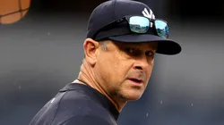 Aaron Boone #17 of the New York Yankees looks on during batting practice before the game against the Baltimore Orioles at Yankee Stadium on September 25, 2024 in the Bronx borough of New York City.