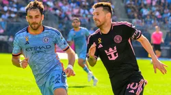 NYC FC and LIONEL MESSI of MIAMI FC go for ball game between Miami FC and NYC FC at Yankee Stadium Bronx USA