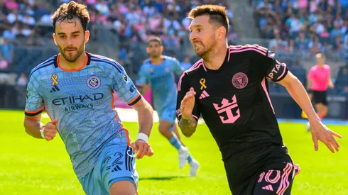 NYC FC and LIONEL MESSI of MIAMI FC go for ball game between Miami FC and NYC FC at Yankee Stadium Bronx USA