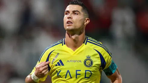 Cristiano Ronaldo of Al Nassr celebrates after scoring the 1st goal during the Saudi Pro League match between Al Ettifaq and Al Nassr at Al Ettifaq Stadium on September 20, 2024 in Ad Dammam, Saudi Arabia.