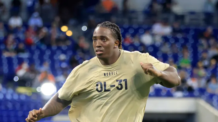 Archive: Tyler Guyton #OL31 of Oklahoma participates in a drill during the NFL Combine at Lucas Oil Stadium on March 03, 2024 in Indianapolis, Indiana.