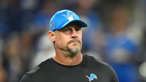 Head coach Dan Campbell of the Detroit Lions looks on prior to a game against the Tampa Bay Buccaneers at Ford Field on September 15, 2024 in Detroit, Michigan.