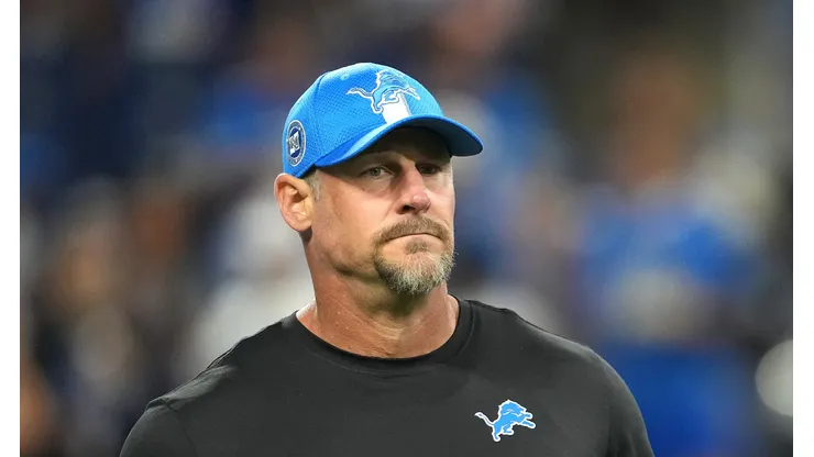 Head coach Dan Campbell of the Detroit Lions looks on prior to a game against the Tampa Bay Buccaneers at Ford Field on September 15, 2024 in Detroit, Michigan.