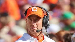 Head coach Dabo Swinney of the Clemson Tigers walks the sidelines as they take on the Notre Dame Fighting Irish at Memorial Stadium on November 4, 2023 in Clemson, South Carolina.
