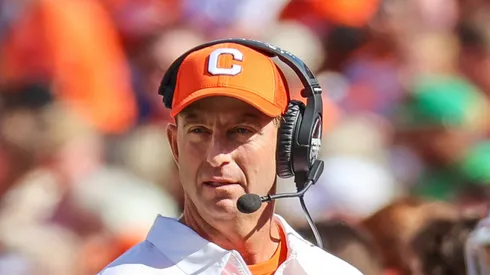 Head coach Dabo Swinney of the Clemson Tigers walks the sidelines as they take on the Notre Dame Fighting Irish at Memorial Stadium on November 4, 2023 in Clemson, South Carolina.