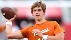 Arch Manning #16 of the Texas Longhorns warms-up prior to a game against the Alabama Crimson Tide at Bryant-Denny Stadium on September 09, 2023 in Tuscaloosa, Alabama.