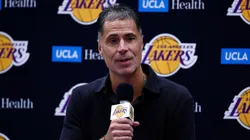 General Manager Rob Pelinka of the Los Angeles Lakers speaks with the media during a press conference at UCLA Health Training Center on September 25, 2024 in El Segundo, California.