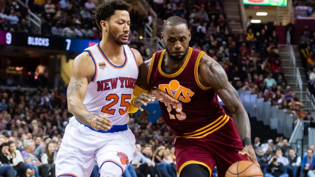 Lebron James and Derrick Rose during a NBA game