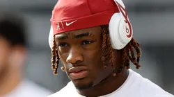 Jalen Milroe #4 of the Alabama Crimson Tide works out before game against the Wisconsin Badgers at Camp Randall Stadium on September 14, 2024 in Madison, Wisconsin.