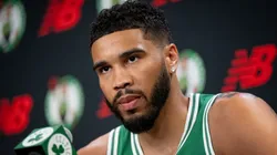 Jayson Tatum #0 of the Boston Celtics speaks to the media during Boston Celtics Media Day at The Auerbach Center on September 24, 2024 in Boston, Massachusetts.