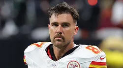 Travis Kelce #87 of the Kansas City Chiefs looks on prior to kickoff against the Atlanta Falcons at Mercedes-Benz Stadium on September 22, 2024 in Atlanta, Georgia.