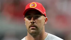 Travis Kelce #87 of the Kansas City Chiefs warms up prior to the game against the Atlanta Falcons at Mercedes-Benz Stadium on September 22, 2024 in Atlanta, Georgia.