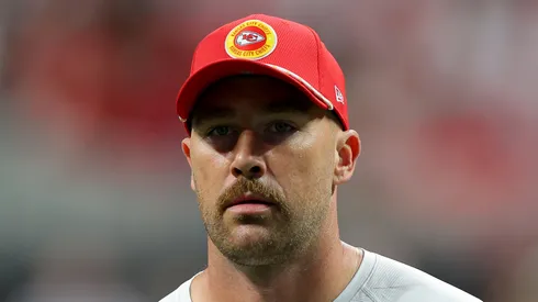 Travis Kelce #87 of the Kansas City Chiefs warms up prior to the game against the Atlanta Falcons at Mercedes-Benz Stadium on September 22, 2024 in Atlanta, Georgia.