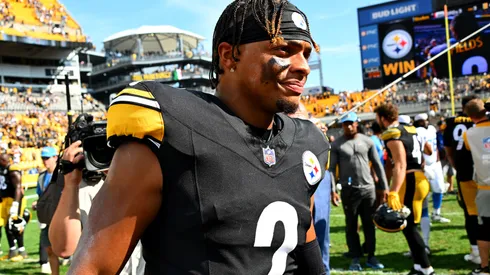 Quarterback Justin Fields #2 of the Pittsburgh Steelers walks off the field after defeating the Los Angeles Chargers at Acrisure Stadium on September 22, 2024 in Pittsburgh, Pennsylvania.
