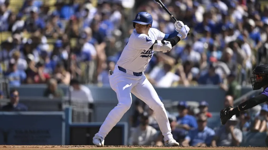 Shohei Ohtani #17 of the Los Angeles Dodgers hits for a single in the third inning against the Colorado Rockies at Dodger Stadium. (Photo by John McCoy/Getty Images)