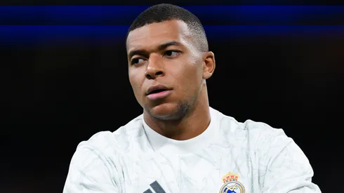 Kylian Mbappé of Real Madrid looks on during the LaLiga match between Real Madrid CF and RCD Espanyol de Barcelona at Estadio Santiago Bernabeu.