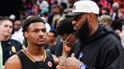 Bronny James #6 of the West team talks to Lebron James of the Los Angeles Lakers after the 2023 McDonald's High School Boys All-American Game at Toyota Center on March 28, 2023 in Houston, Texas.