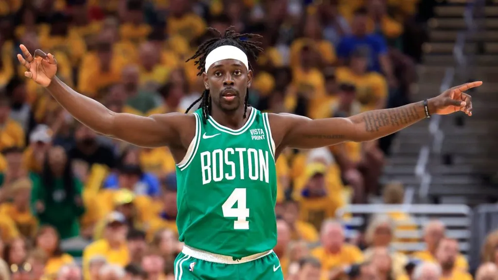 Jrue Holiday #4 of the Boston Celtics reacts during the first quarter in Game Four of the Eastern Conference Finals at Gainbridge Fieldhouse on May 27, 2024 in Indianapolis, Indiana.