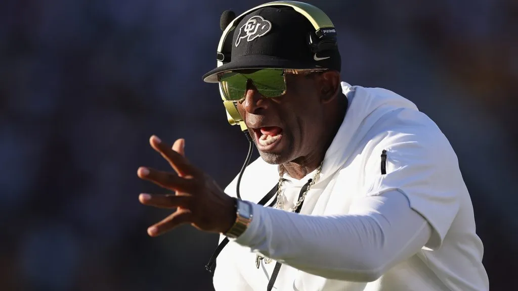 Head coach Deion Sanders of the Colorado Buffaloes reacts during first half of the NCAAF game against the Arizona State Sun Devils at Mountain America Stadium on October 07, 2023 in Tempe, Arizona.