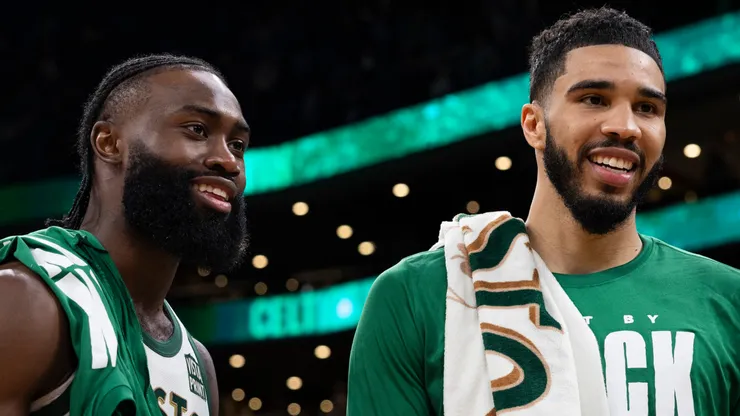 Jaylen Brown #7 of the Boston Celtics and Jayson Tatum #0