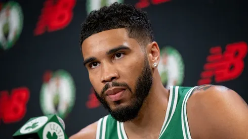 Jayson Tatum #0 of the Boston Celtics speaks to the media during Boston Celtics Media Day