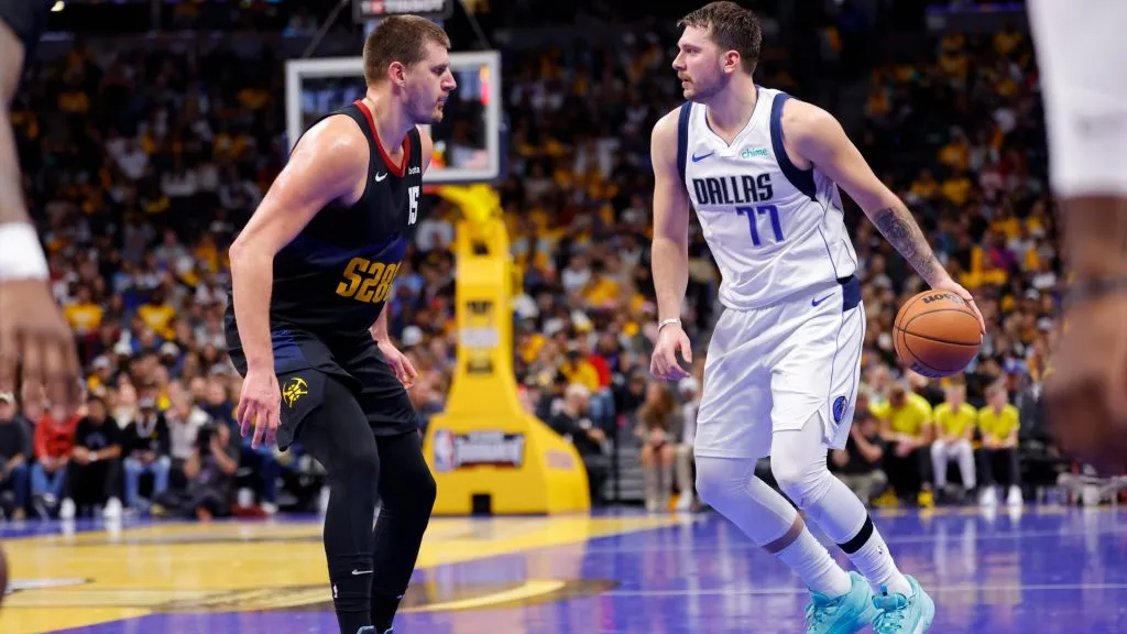 Nikola Jokic #15 of the Denver Nuggets defends Luka Doncic #77 of the Dallas Mavericks during the fourth quarter during the NBA In-Season Tournament at Ball Arena on November 3, 2023 in Denver, Colorado. (Photo by C. Morgan Engel/Getty Images)