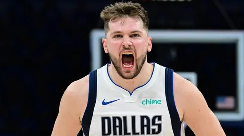 Luka Doncic #77 of the Dallas Mavericks reacts during the fourth quarter against the Oklahoma City Thunder in Game Two of the Western Conference Second Round Playoffs at Paycom Center.