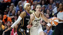 Dijonai Carrington of Connecticut Sun and Caitlin Clark of Indiana Fever