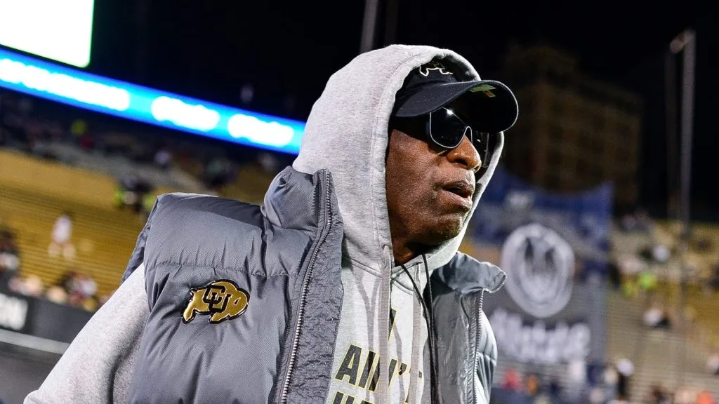 Head coach Deion Sanders of the Colorado Buffaloes jogs around the field before a game between the Colorado Buffaloes and the Oregon State Beavers at Folsom Field on November 4, 2023 in Boulder, Colorado.