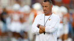 Head coach Steve Sarkisian of the Texas Longhorns watches players warm up before the game against the Louisiana Monroe Warhawks at Darrell K Royal-Texas Memorial Stadium on September 21, 2024 in Austin, Texas.