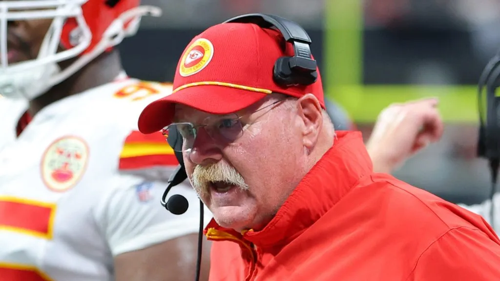 Head coach Andy Reid of the Kansas City Chiefs reacts during the second quarter against the Atlanta Falcons at Mercedes-Benz Stadium on September 22, 2024 in Atlanta, Georgia.