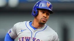 Francisco Lindor #12 of the New York Mets rounds the bases on his home run against the Toronto Blue Jays during the ninth inning in their MLB game.