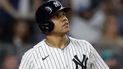 Juan Soto #22 of the New York Yankees watches the flight of his sixth inning two run home run against the Kansas City Royals at Yankee Stadium on September 11, 2024 in New York City.