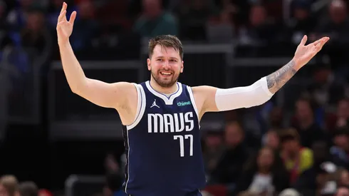Luka Doncic #77 of the Dallas Mavericks reacts against the Chicago Bulls